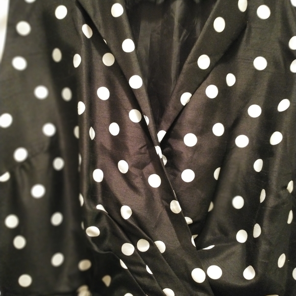 Polka dot dress, faux wrap, polyester with self belt/sash, thread belt loops. - Picture 3 of 6